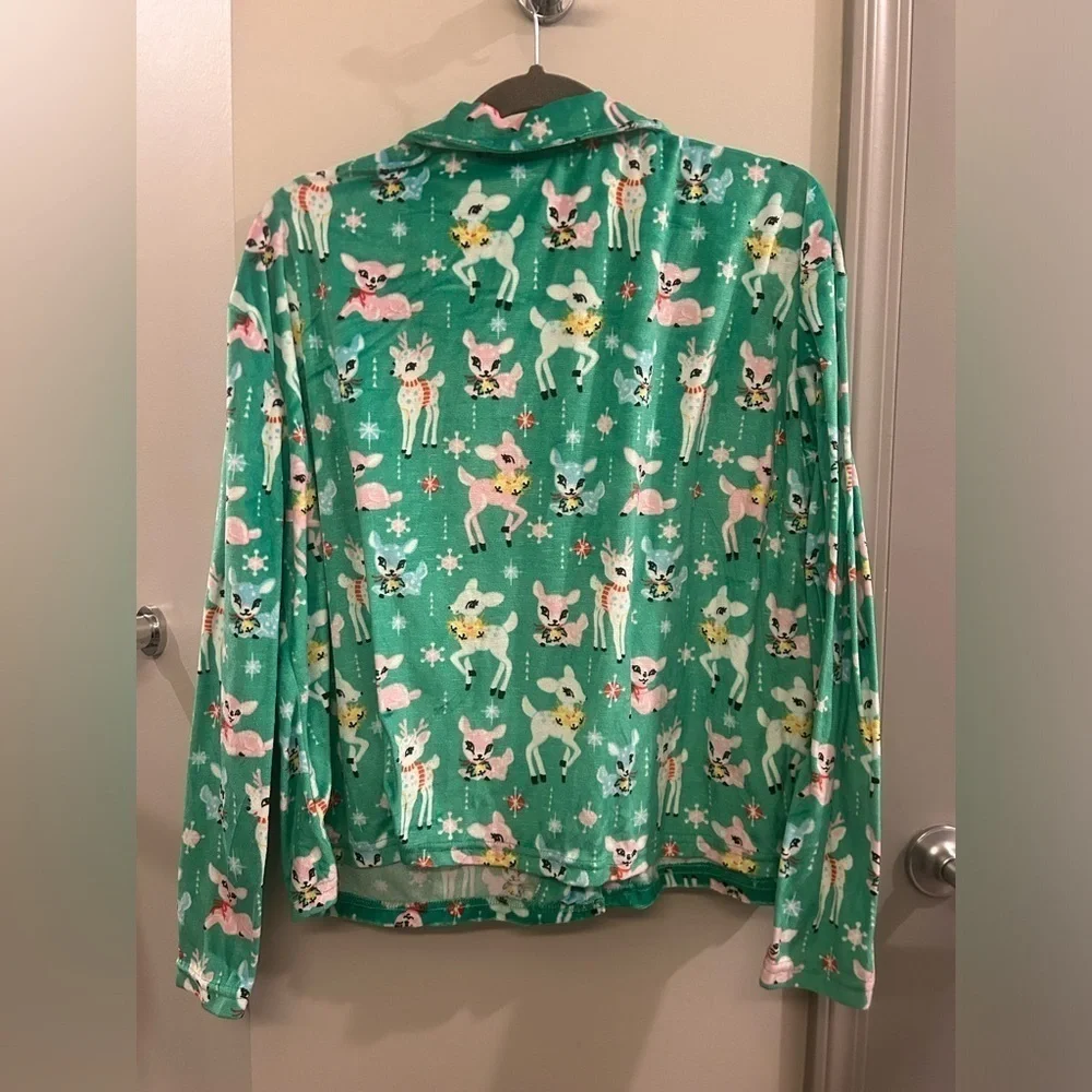 Girls XL 16-18 Holiday Pajama Top Button Down Deer Christmas Green Long Sleeve